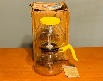 Glass Vacuum Coffee Pot Maker Rare Vintage 1940s Maid Of Honor Yellow Bakelite & Pyrex Glass 8 Cups In Box