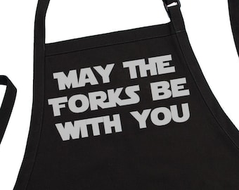 May The Forks Be With You Humorous Kitchen Aprons, Silver Metallic Lettering, Two Pockets And An Adjustable Neck Strap