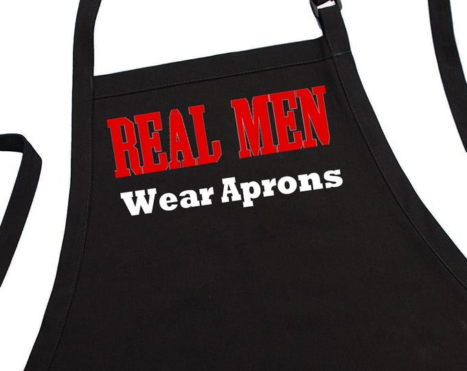 Real Men Wear Aprons Funny BBQ Gift Idea, Black, Fully Adjustable, Two Pockets, Extra Long Ties
