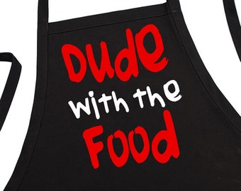 Dude With The Food Funny Black Aprons For Men, Two Pockets, Fully Adjustable, Extra Long Ties