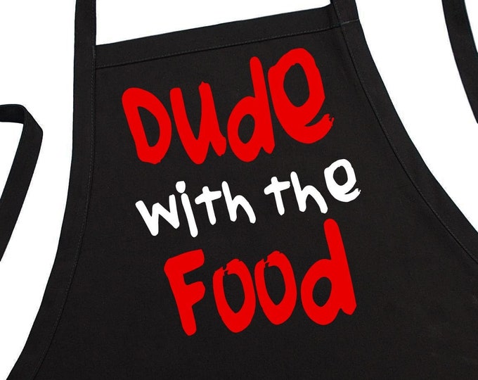 Dude With The Food Funny Black Aprons For Men, Two Pockets, Fully Adjustable, Extra Long Ties