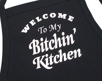 Welcome To My Bitchin' Kitchen Funny Cooking Apron, Black With Two Patch Pockets And Extra Long Ties