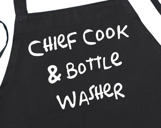 Funny Kitchen Aprons For Cooking Chief Cook And Bottle Washer, Black Chef Apron With Extra Long Ties