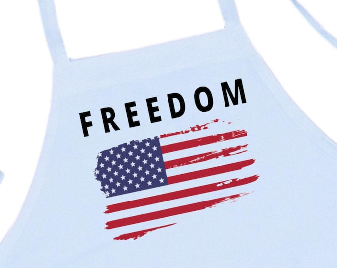 Freedom American Flag Apron, Patriotic White Chef Aprons, USA Pride Cooking Gift