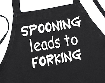 Spooning Leads To Forking Comical Chef Aprons, Black Barbecue Aprons With Adult Themes, Funny Cooking Apron