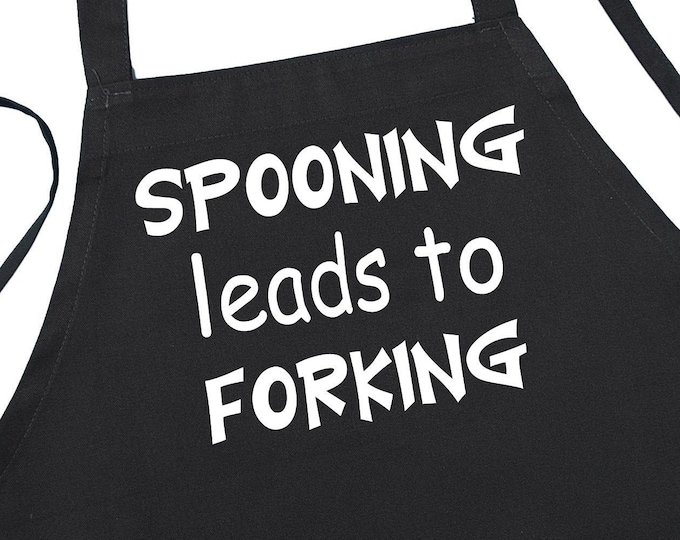 Spooning Leads To Forking Comical Chef Aprons, Black Barbecue Aprons With Adult Themes, Funny Cooking Apron