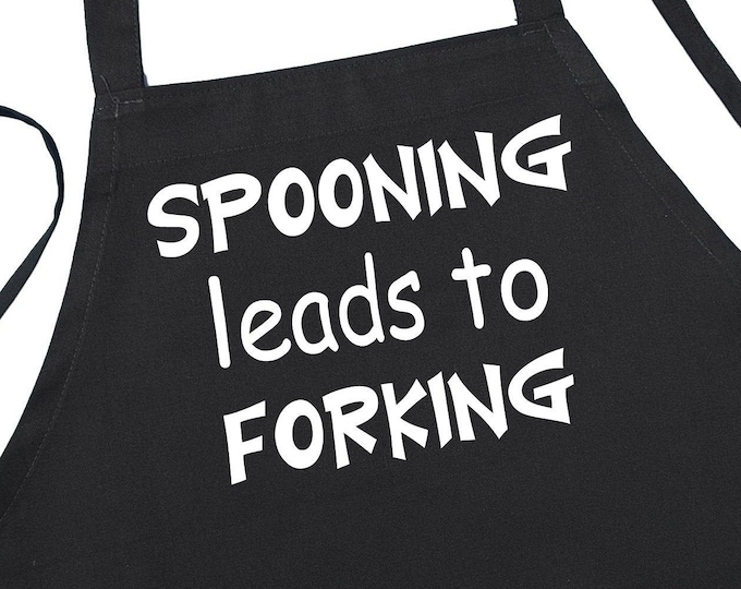 Sexy Aprons Spooning Leads To Forking Cute Kitchen Apron, Black Adult Aprons With Extra Long Ties