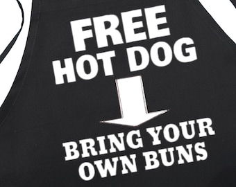 Funny Black Aprons For Men Free Hot Dog, BBQ Novelty Cooking Apron, Extra Long Ties