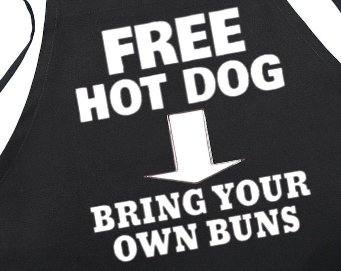 Aprons For Men Free Hot Dog Black BBQ Apron, Funny Cooking Aprons, Extra Long Ties, One Size Fits All