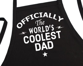 Apron For Fathers Officially The World's Coolest Dad, Black, Fully Adjustable, Two Front Pockets, Grilling Aprons For Men, BBQ Accessories