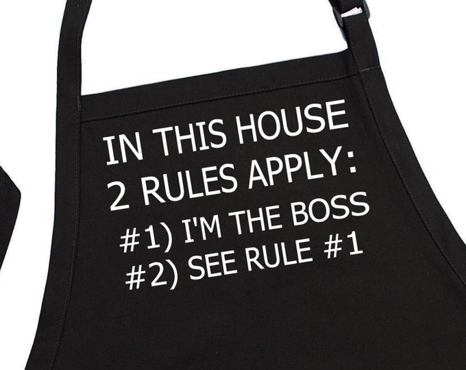 Funny Black Kitchen Apron House Rules Apply Cooking Aprons, BBQ Apron Gift Idea