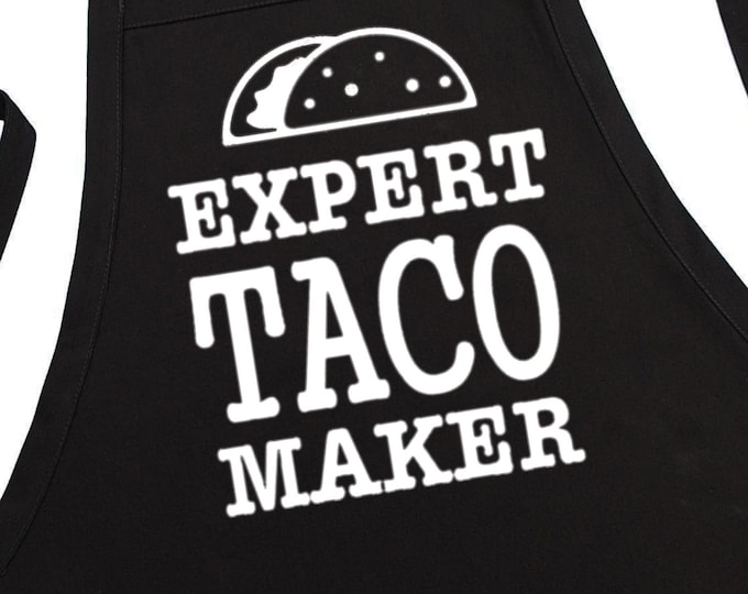 Expert Taco Maker Chef Apron, Black, Aprons For Women And Men, Fully Adjustable, Two Pockets, Extra Long Ties