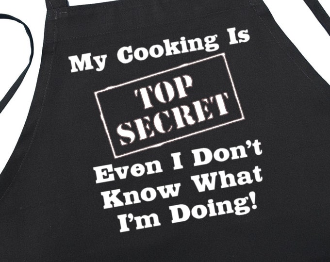 CoolAprons My Cooking Is Top Secret Funny Apron, Black BBQ Apron, Kitchen Aprons For Men And Women