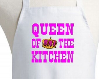 Queen Of The Kitchen White Chef Aprons For Women, Extra Long Ties, Machine Washable