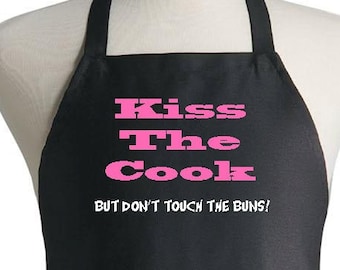 Kiss The Cook But Don't Touch The Buns Funny Black Cooking Aprons, Extra Long Ties