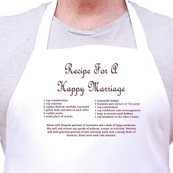 Wedding Gift Aprons Recipe For A Happy Marriage, White Chef Apron With Extra Long Ties
