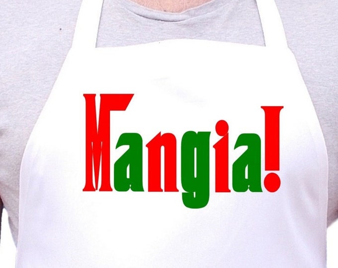 Italian Cooking Apron Mangia White Novelty Kitchen Aprons, Funny Chef Aprons