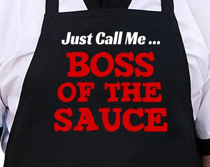 Funny Grilling Apron Boss Of The Sauce Black Barbecue Aprons, Extra Long Ties