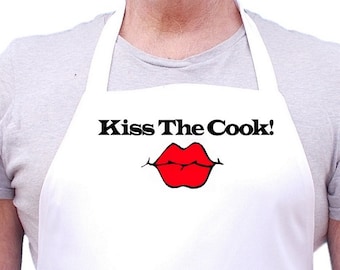 Novelty Kitchen Apron Kiss The Cook White Cooking Aprons, Extra Long Ties