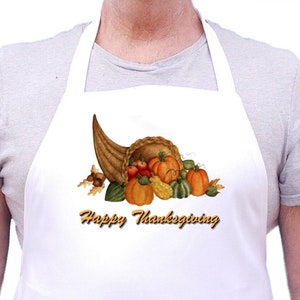 Holiday Apron Happy Thanksgiving White Kitchen Aprons, Thanksgiving Cooking Aprons image 1