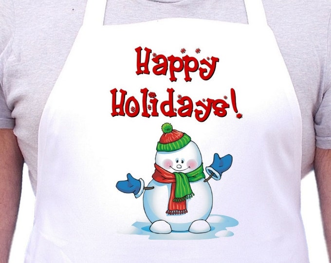 Christmas Aprons Happy Holidays White Cooking Apron, Full Bib Apron With Extra Long Ties
