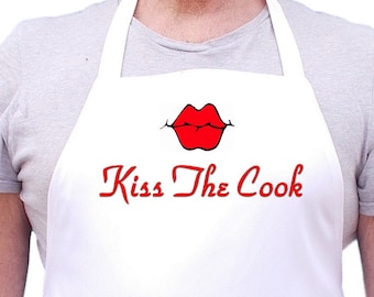 White Kitchen Aprons Kiss The Cook, Chef Aprons With Extra Long Ties