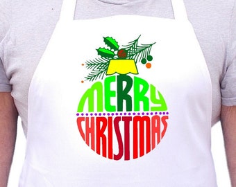 Merry Christmas  Chef Apron, White Holiday Cooking Aprons, Full Bib Apron With Extra Long Ties