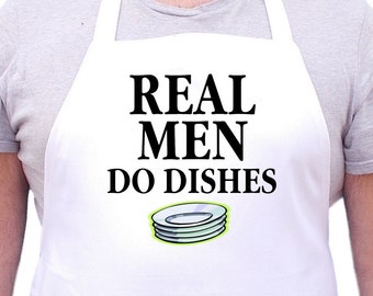 Real Men Do Dishes White Full Length Chef Apron, Dishwashing Aprons, Extra Long Ties