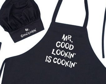 Mr. Good Lookin' Is Cookin' Chef Hat And Apron Set, Black Aprons And Toques For Men And Fathers