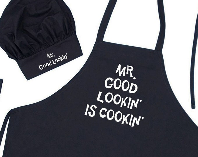 Mr. Good Lookin' Is Cookin' Chef Hat And Apron Set, Black Aprons And Toques For Men And Fathers