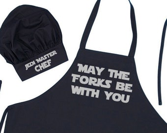 May The Forks Be With You Chef Hat And Apron Set, Star Wars Fan Gift Idea, Black Aprons And Toques