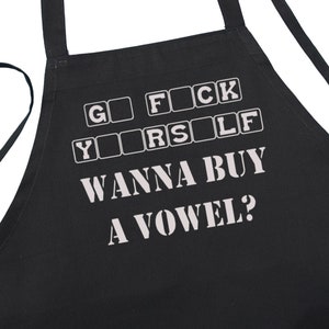 Funny Grilling Aprons Wanna Buy A Vowel, Black BBQ Aprons With Extra Long Ties image 1