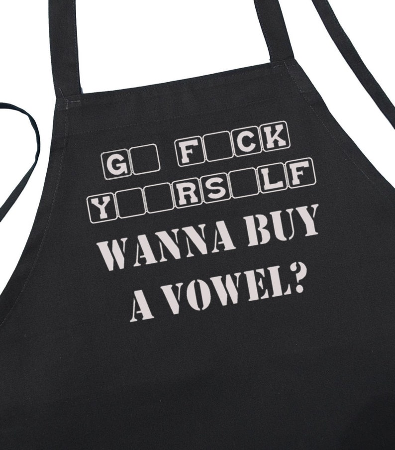 Funny Grilling Aprons Wanna Buy A Vowel, Black BBQ Aprons With Extra Long Ties image 1