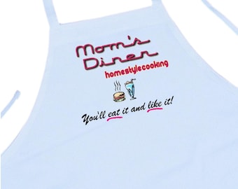 Mom's Diner White Cooking Apron For Women, Funny Kitchen Aprons, Machine Washable