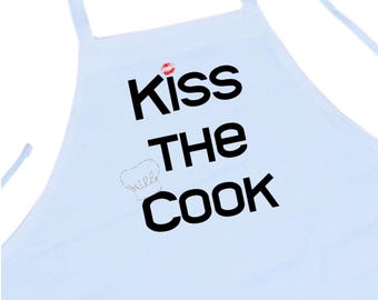 White Chef Apron Kiss The Cook, Novelty Aprons With Funny Sayings, Cooking Aprons For The Kitchen