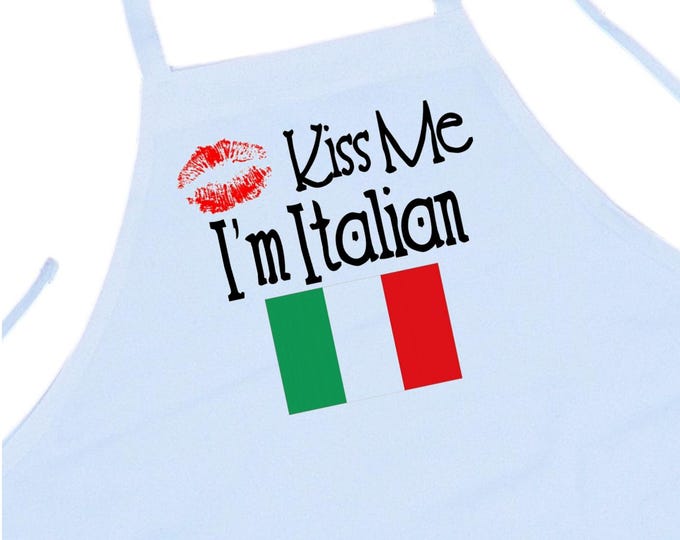 Kiss Me I'm Italian Chef Apron, Stylish White Kitchen Aprons With An Italian Theme, Italian Cooking