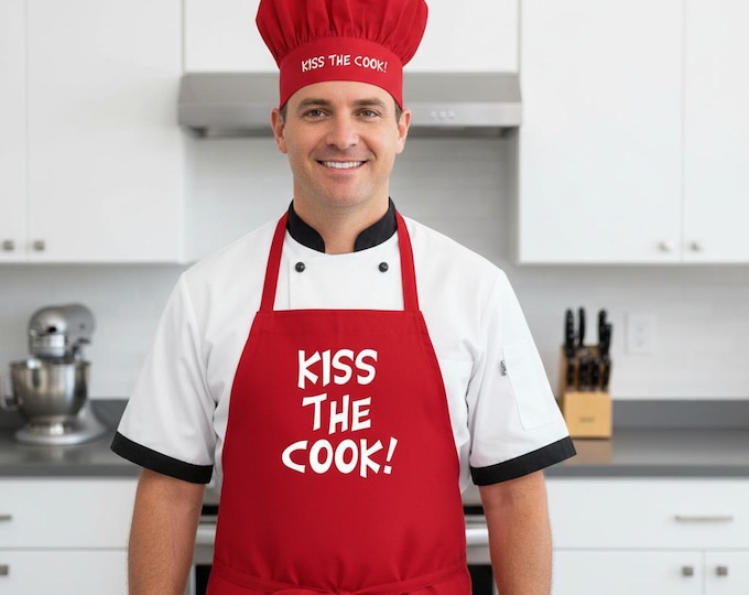 Kiss The Cook Chef Hat And Apron Set, Red Aprons And Toques For Cooks And Lovers!