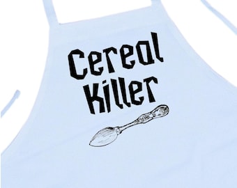 Cereal Killer Funny Cooking Apron, White Chef Aprons with Extra Long Ties, Kitchen Aprons For Men And Women