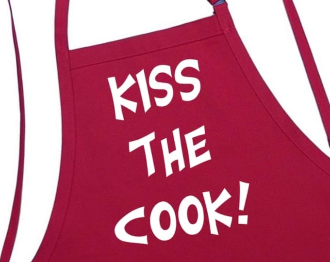 Kiss The Cook Red Kitchen Apron, Cooking Aprons With Pockets And An Adjustable Neck Strap, Funny Chef Aprons