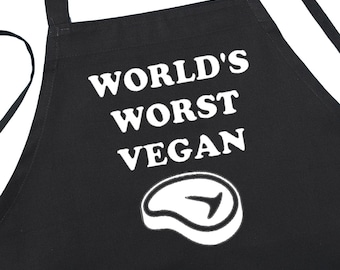 World's Worst Vegan Funny BBQ Apron, Black Chef Aprons, Extra Long Ties