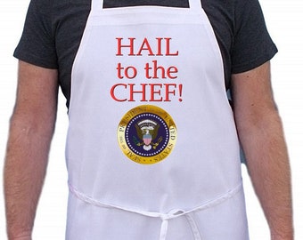 Hail To The Chef Funny Kitchen Aprons, White Cooking Aprons Gift Idea