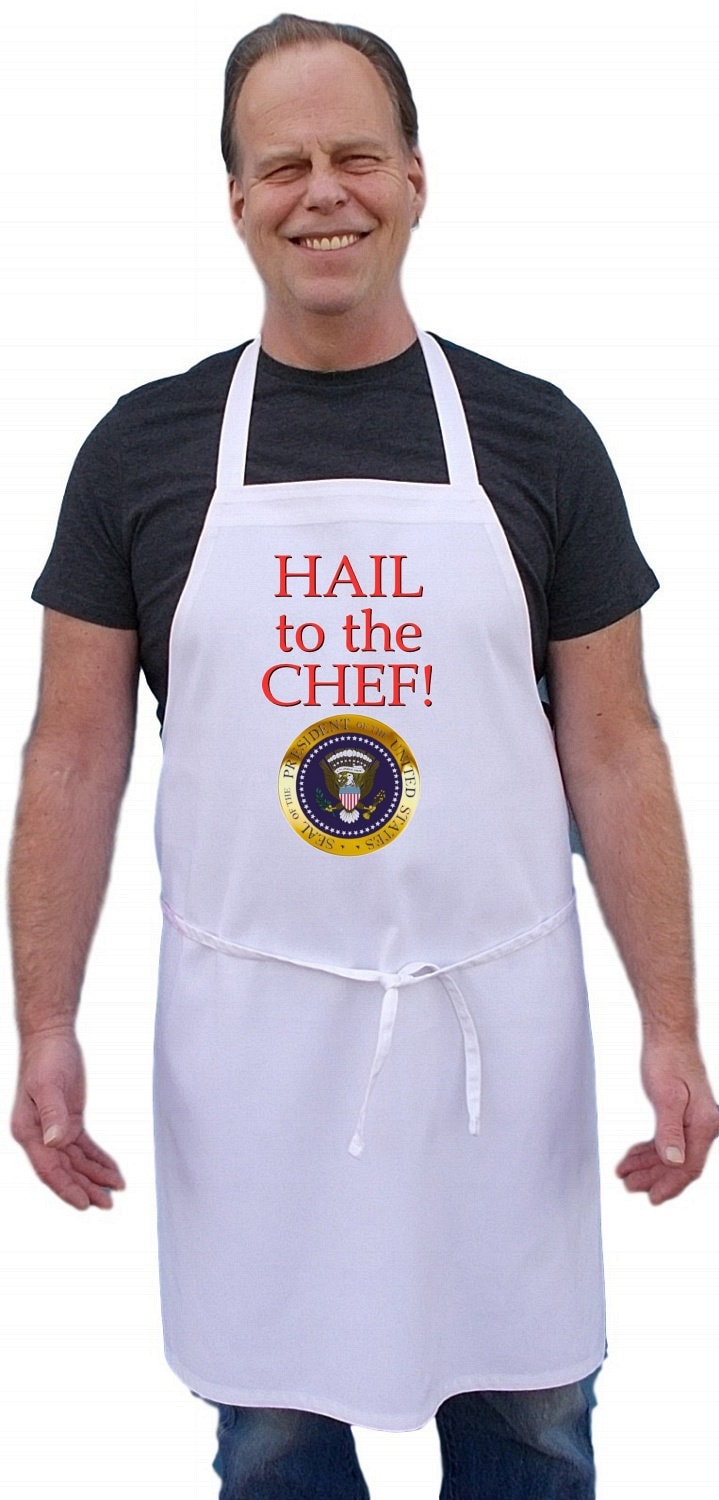 Hail To The Chef Funny Kitchen Aprons, White Cooking Aprons Gift Idea