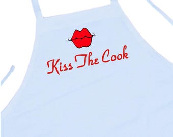 Kiss The Cook Witty Chef Apron, White Baking And Cooking Aprons, Novelty Aprons For Adults