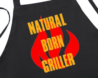 Natural Born Griller Black Grilling Apron, Barbecue Chef Aprons, One Size Fits All, Cooking Aprons