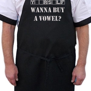 Funny Grilling Aprons Wanna Buy A Vowel, Black BBQ Aprons With Extra Long Ties image 2