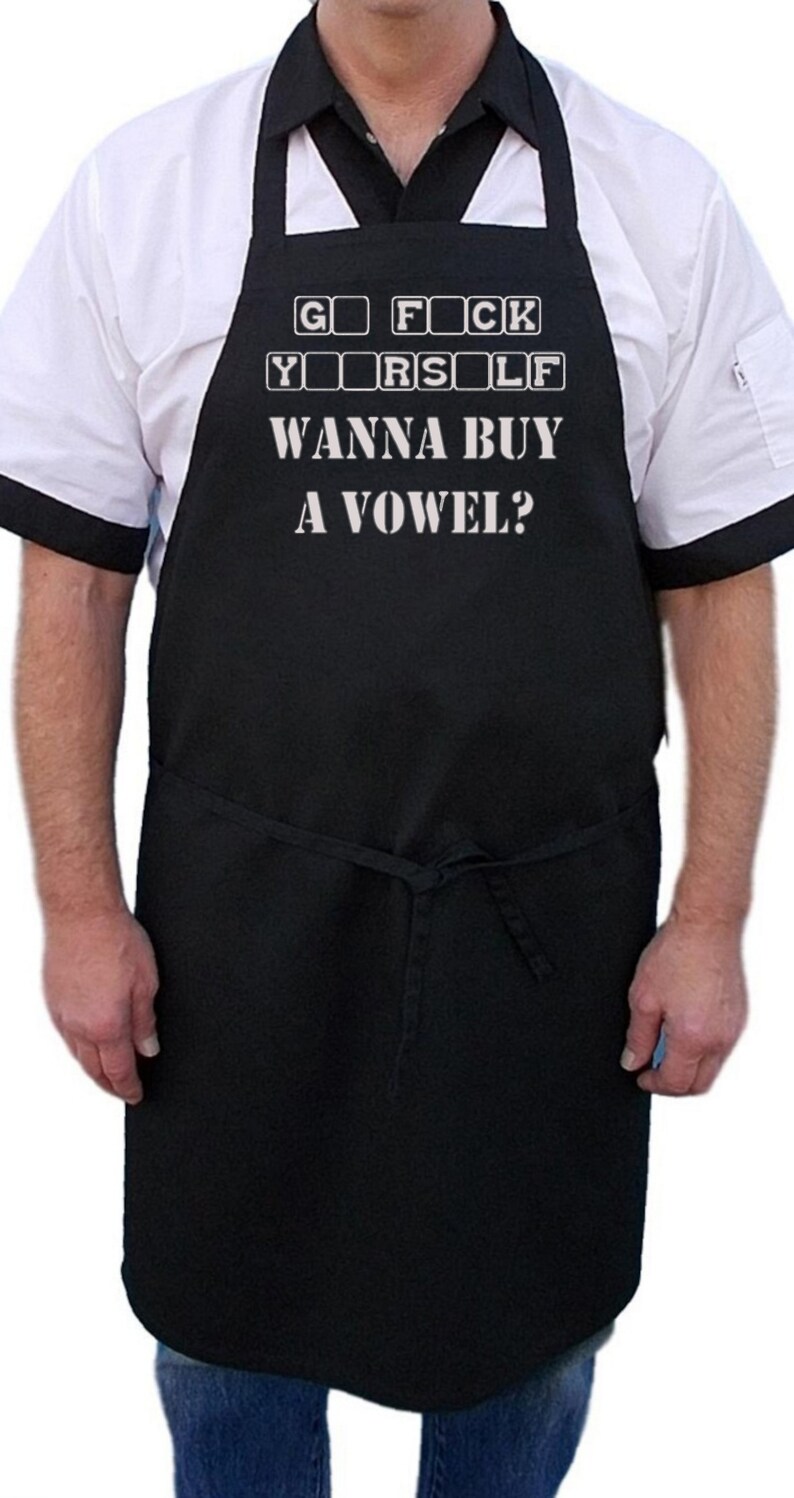 Funny Grilling Aprons Wanna Buy A Vowel, Black BBQ Aprons With Extra Long Ties image 2