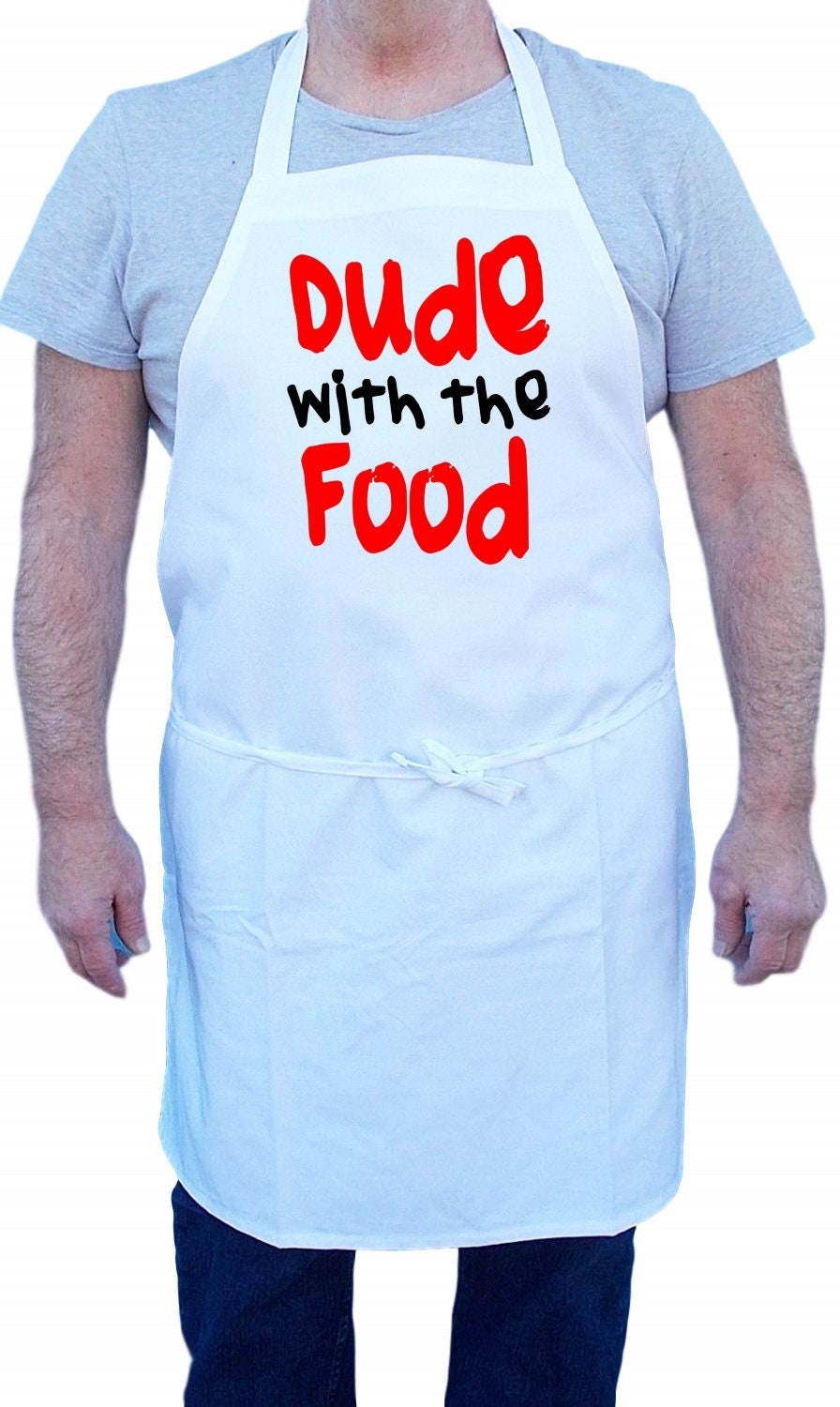 Dude With The Food White Cooking Aprons, Funny Cooking Apron For Men