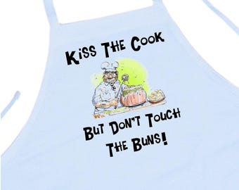 Funny Apron Kiss The Cook But Don't Touch The Buns White Chef Aprons, Humorous Cooking Aprons For The Kitchen