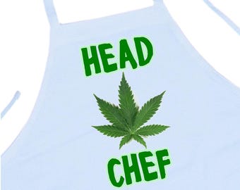 Head Chef Marijuana Themed Cooking Apron, Cannabis White Kitchen Aprons, Funny Apron For Parties