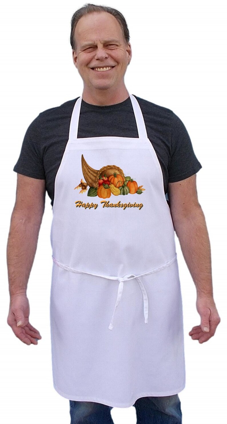 Holiday Apron Happy Thanksgiving White Kitchen Aprons, Thanksgiving Cooking Aprons image 2